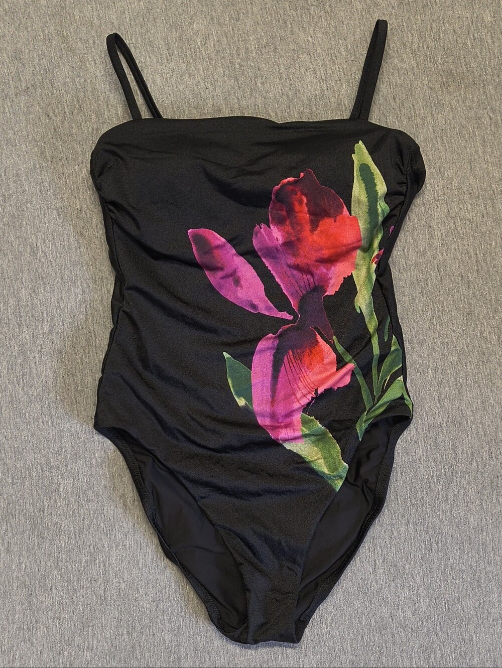 Shade & Shore Women’s Floral High‑Shine Straight‑Neck One‑Piece – Black (Size M)